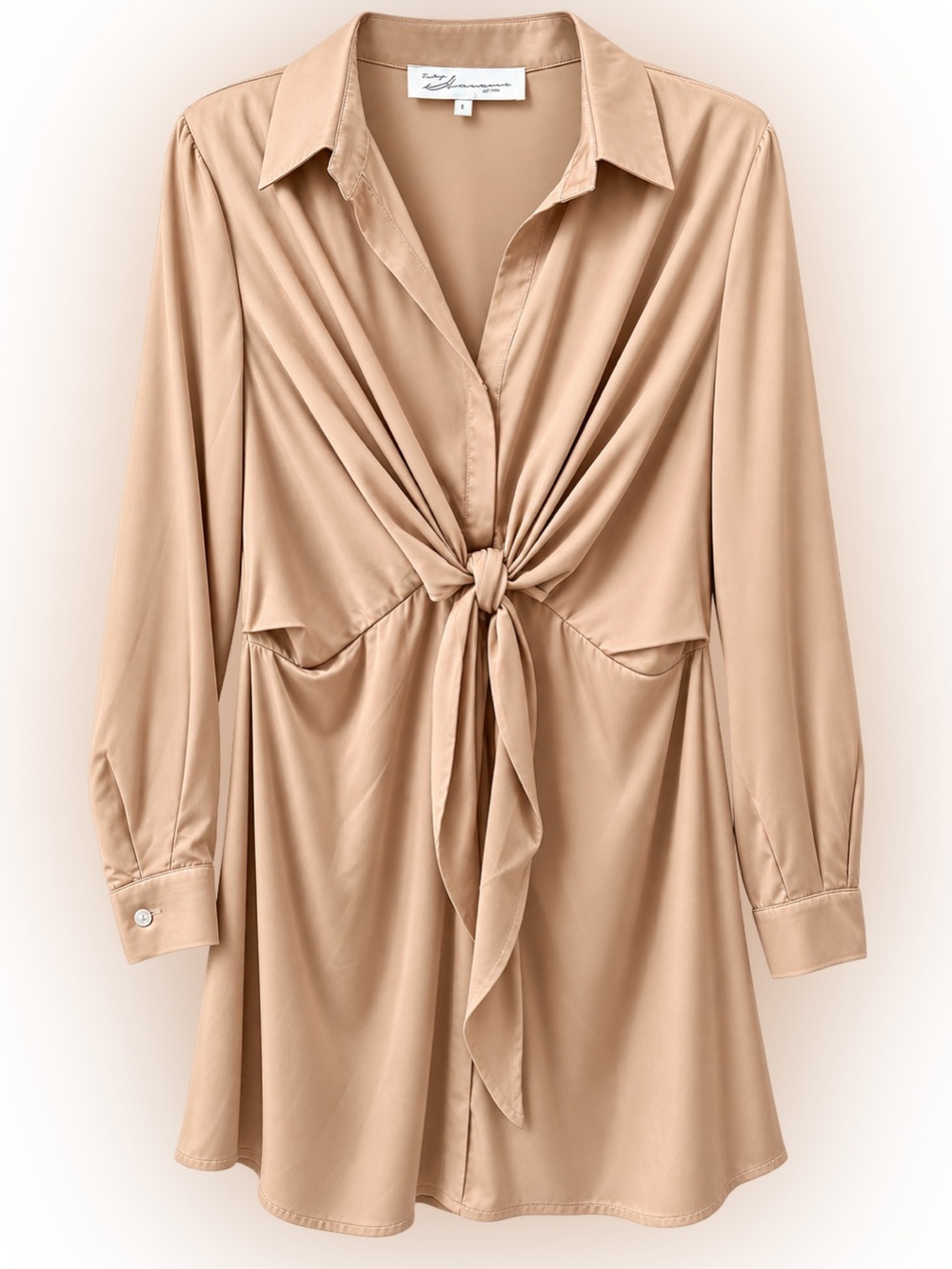 NWT Vintage Havana Latte Satin Tie Front Shirt Dress Size L